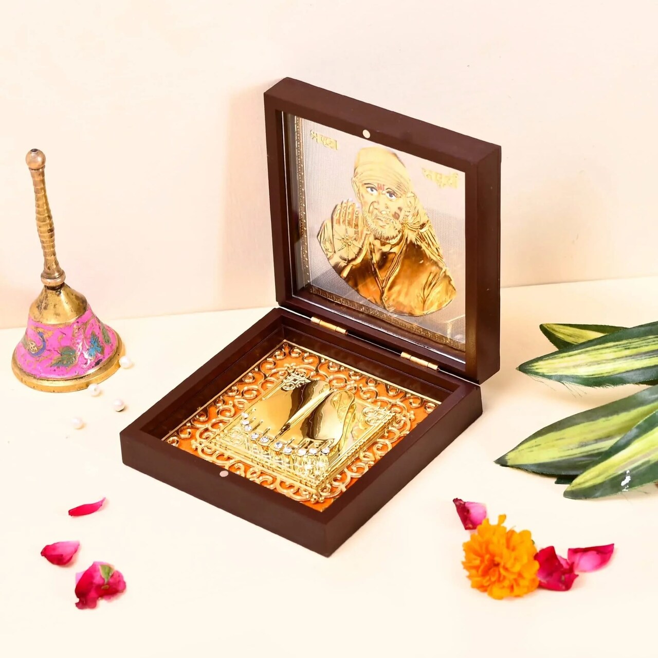 Gold Plated Laxmi Ganesha, Radha Krishna, Shrinath Ji, Sai Baba, Ganesh, Ram Laxman Sita (ram Darbar) with Charan Paduka - Diwali Housewarming Return Gift Pooja Room Decor Hindu God Paduka Prayer Box